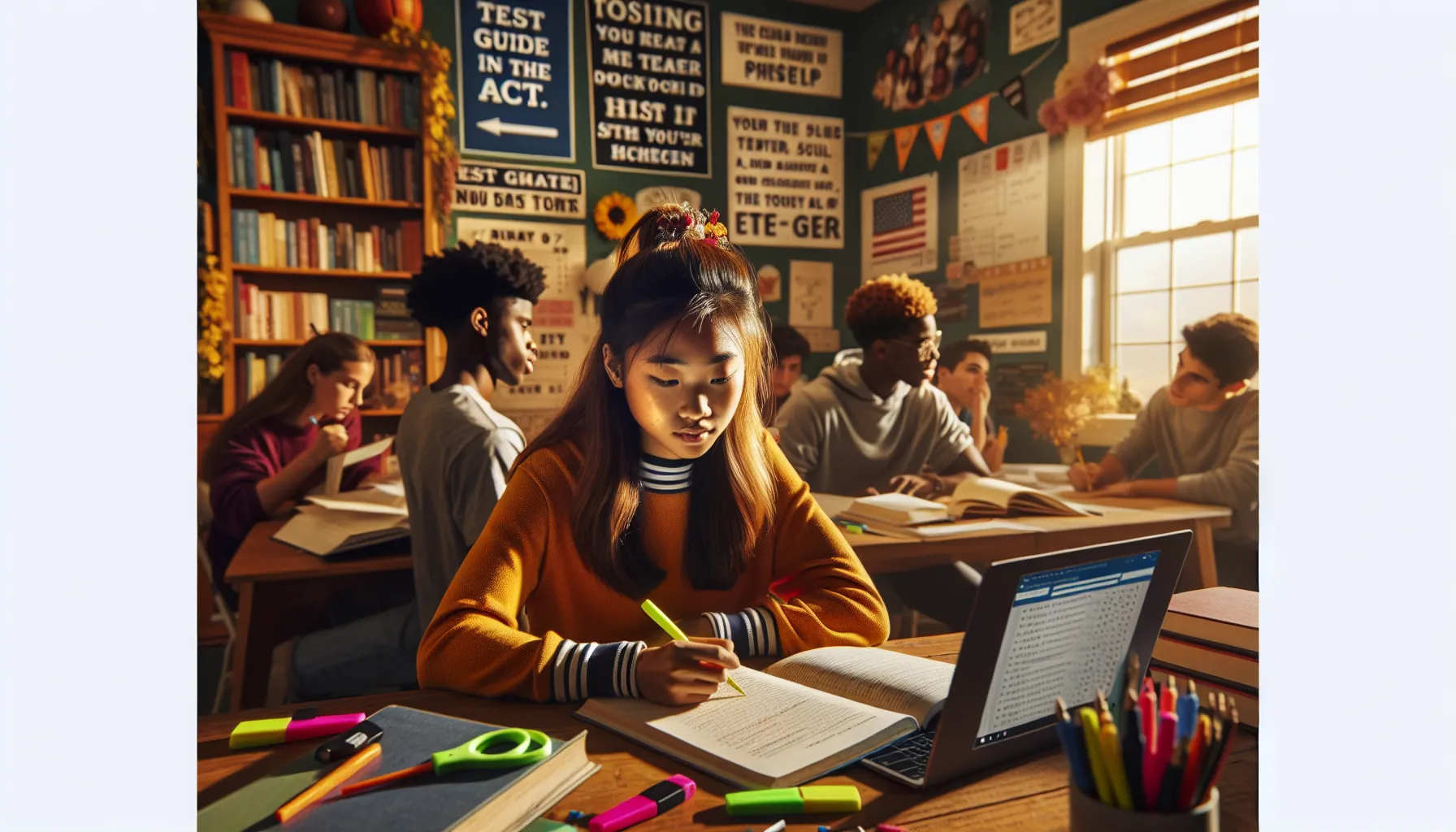 students studying for the ACT and SAT in a bright classroom.