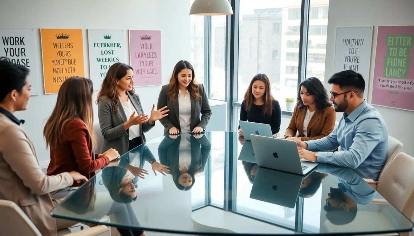 diverse professionals discussing work-life balance in a modern office.