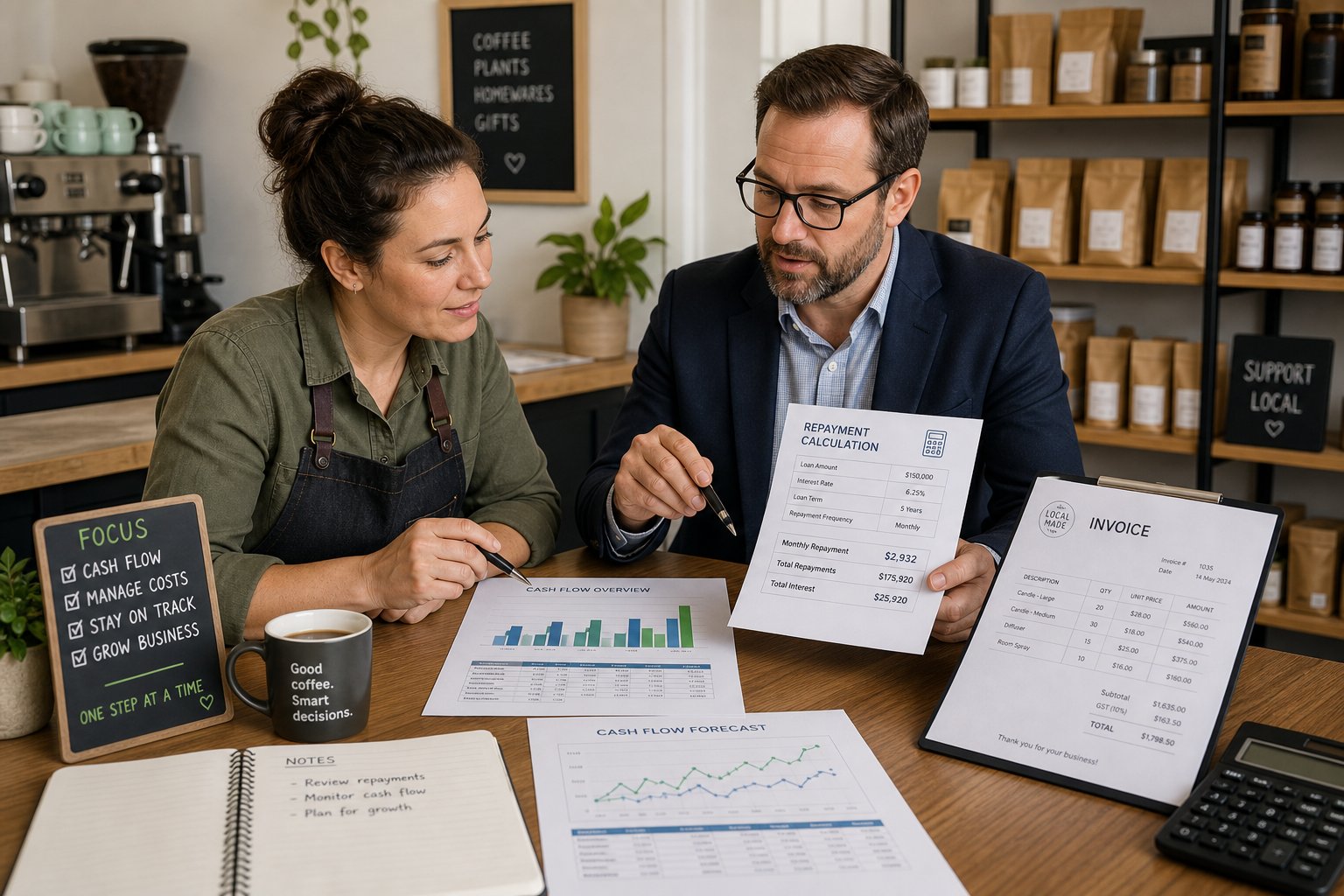 Business owner and advisor planning commercial mortgage affordability and cash flow at a business site.