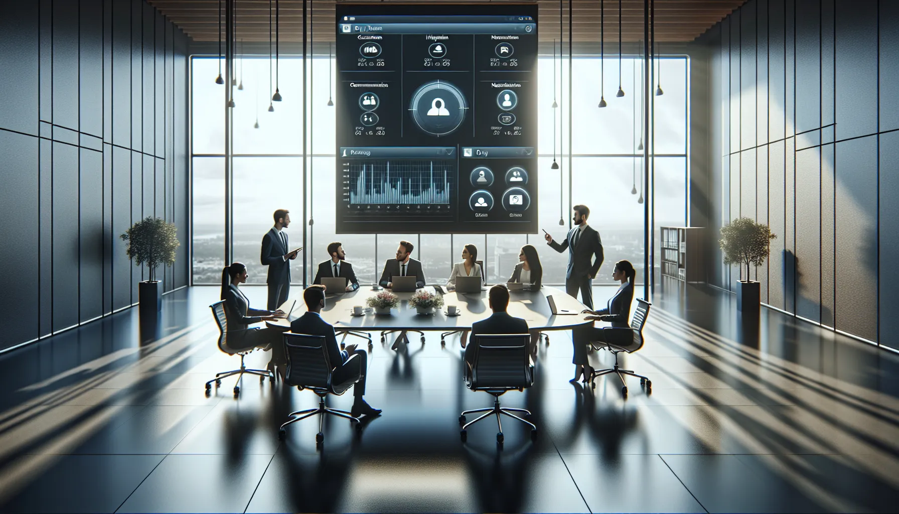 professionals discussing communication efficiency in a modern office.