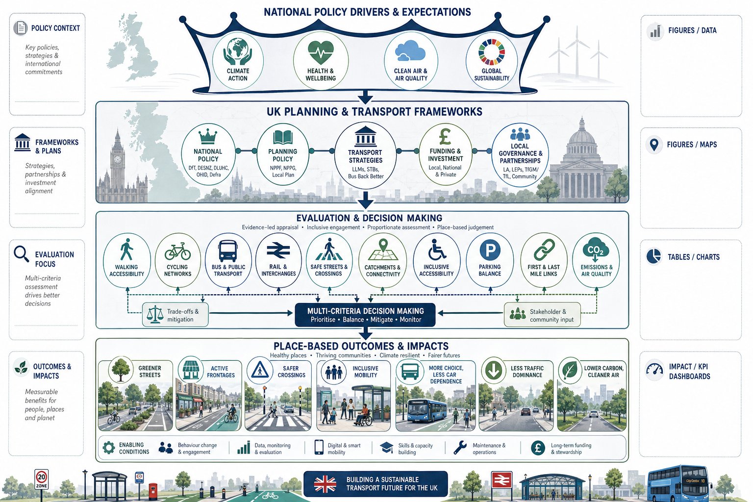 UK sustainable transport policy flow from planning drivers to healthier streets outcomes.