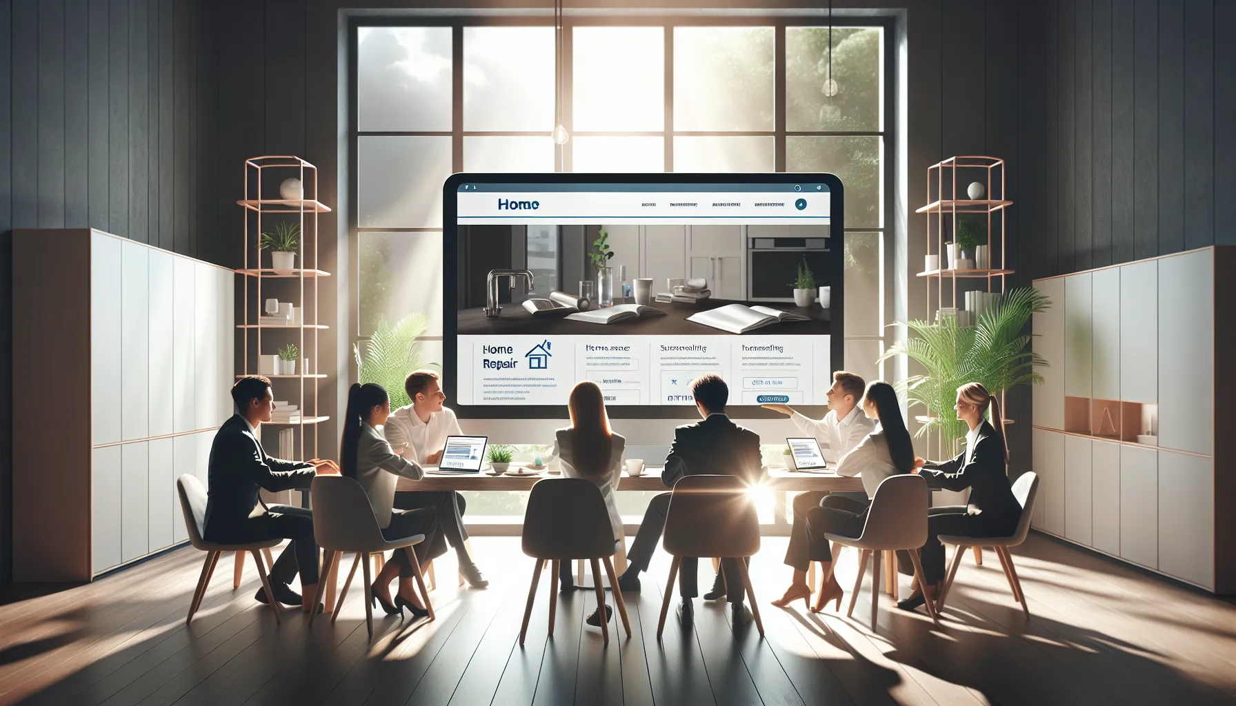 diverse team collaborating in a modern home office setting.