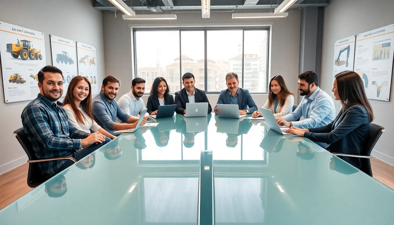 diverse team discussing construction equipment in a modern office.