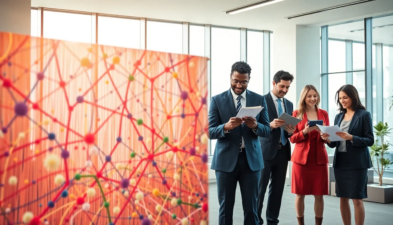 abstract tapestry symbolizing connectivity and shared experiences in a modern office.