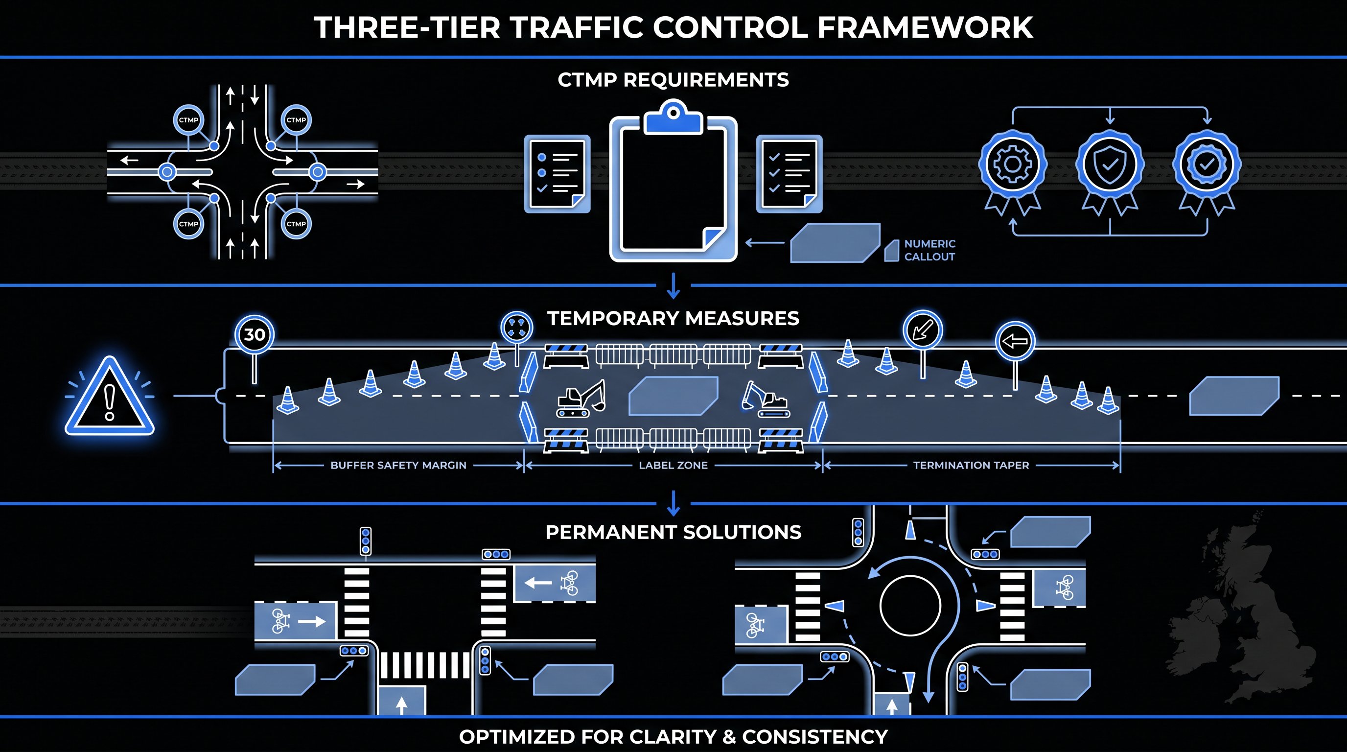 Three-tier infographic showing traffic control requirements, temporary measures, and permanent solutions in UK context.