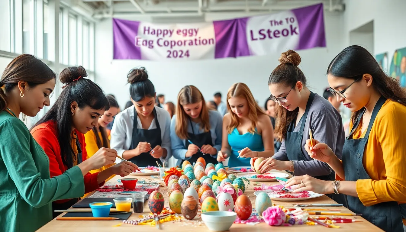 diverse artists competing in an egg decorating contest.