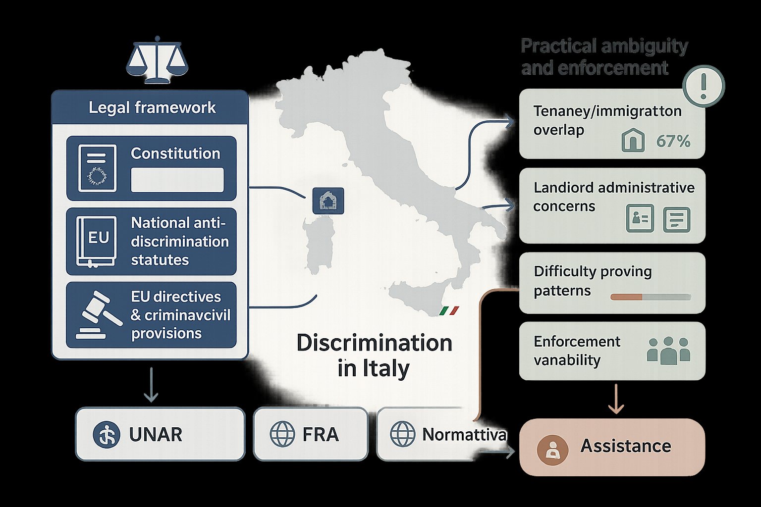 Diagramma che mostra la legge sulla casa in Italia, le lacune nell'applicazione e le risorse per la segnalazione.