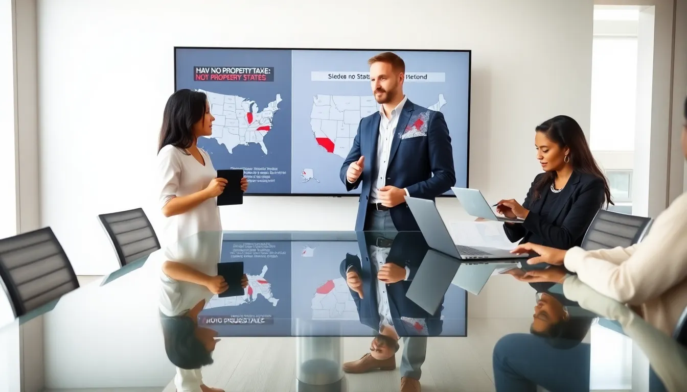 professionals discussing property taxes in a modern conference room.