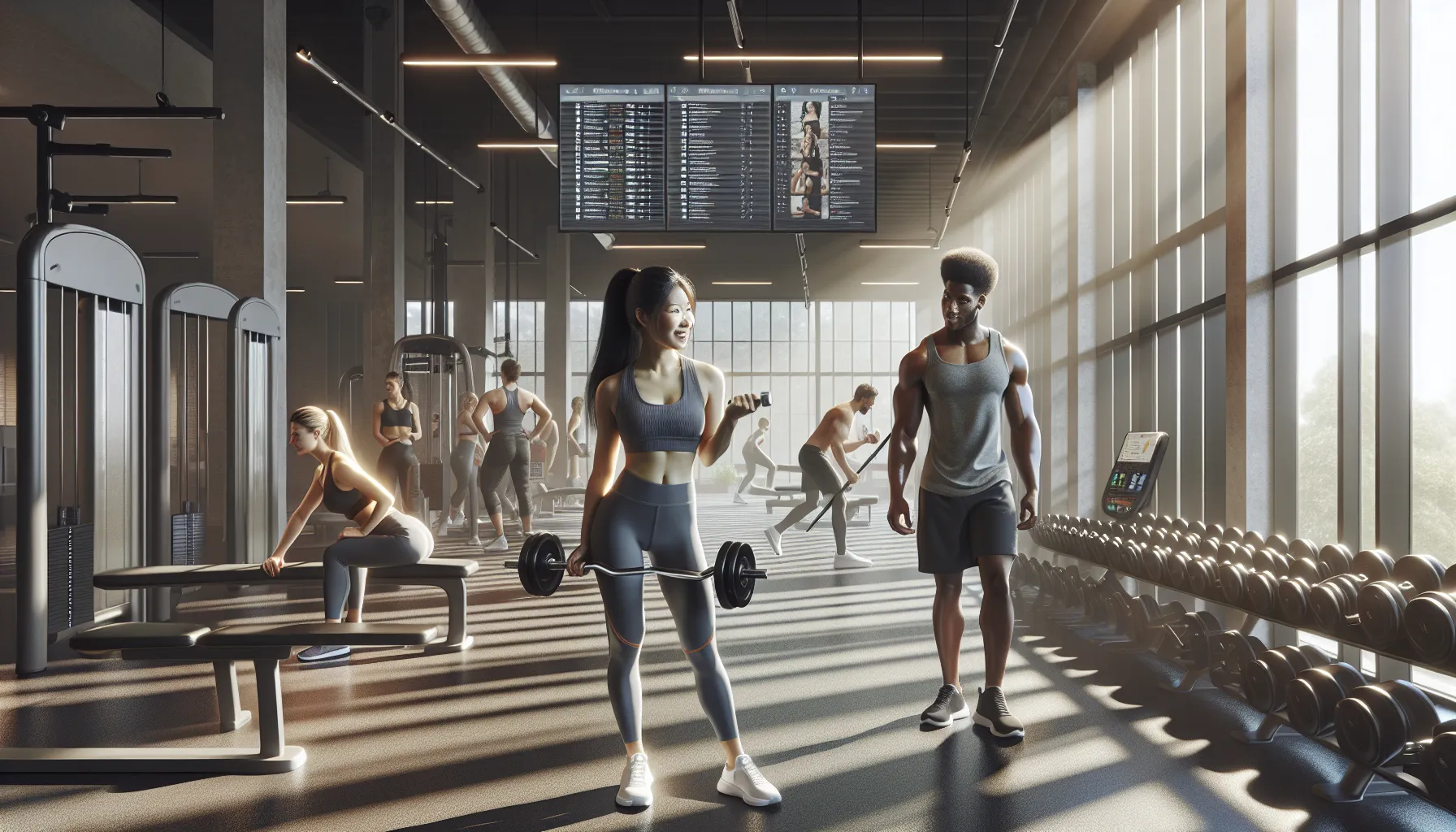 diverse individuals working out in a modern gym setting.
