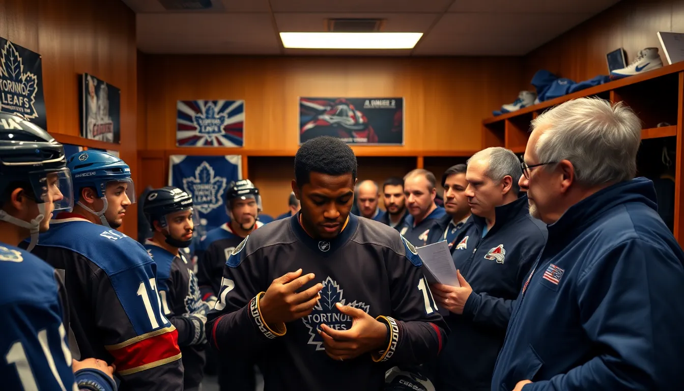 NHL players and coaches discussing injuries and trades in a locker room.
