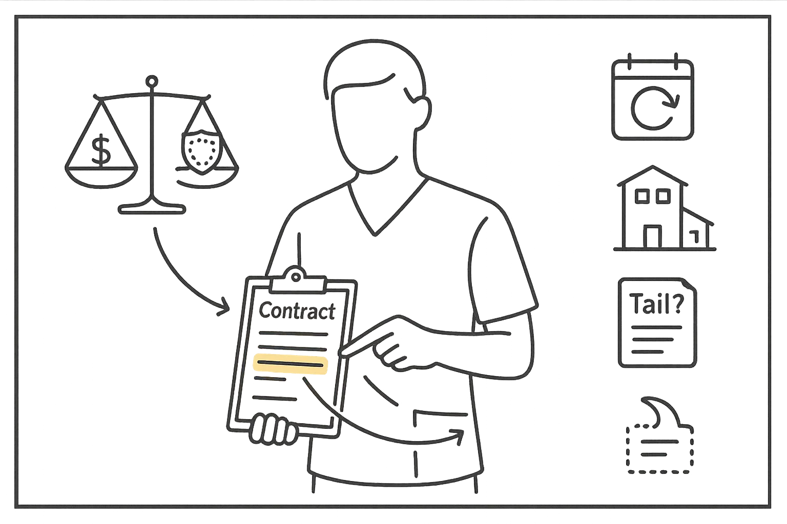 Vet reviewing a contract with icons for pay, insurance gaps, calendar, and clinics.