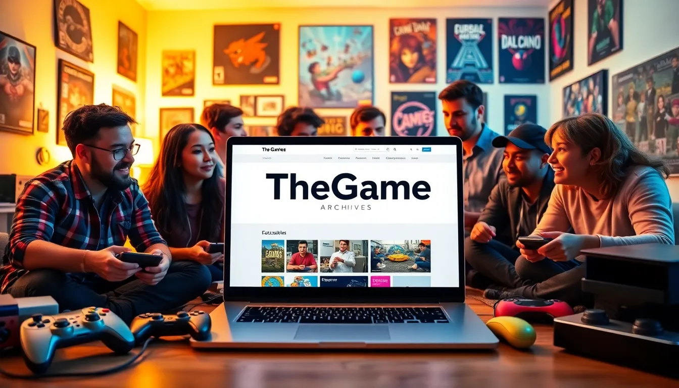 diverse group of gamers discussing at a laptop in a modern gaming room.