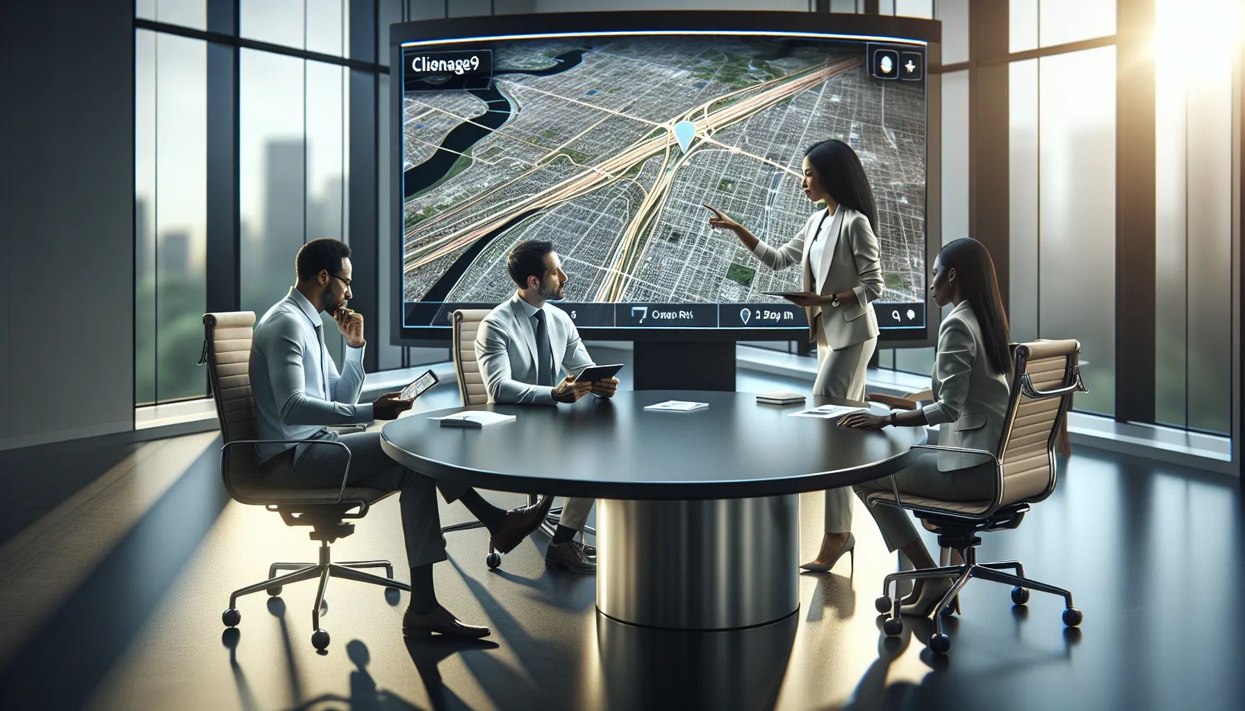 team discussing digital navigation maps in a modern office.