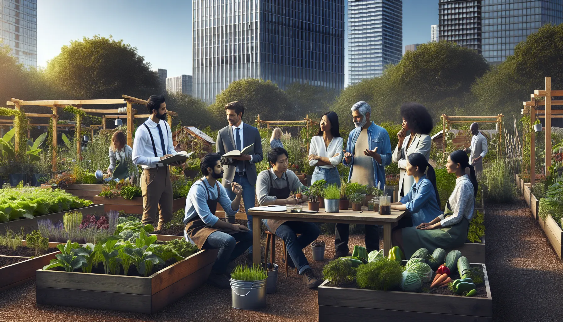 a diverse group working together in a community garden.