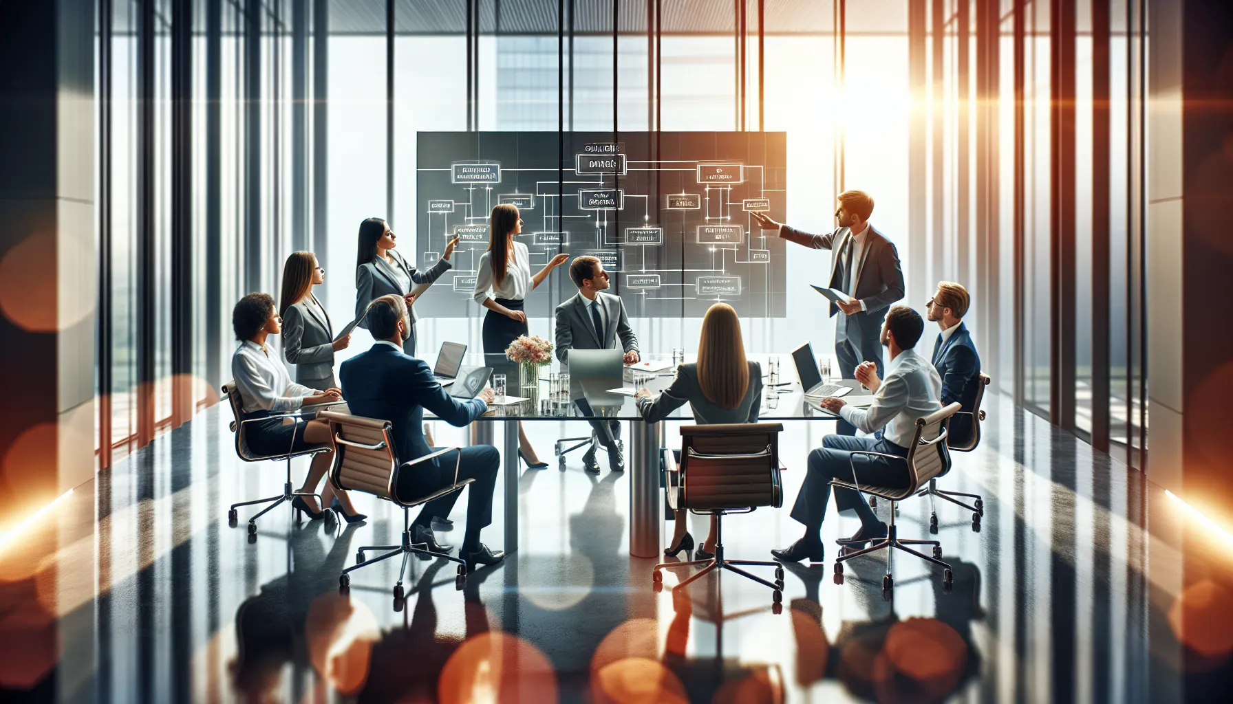 diverse team discussing solutions in a modern office setting.