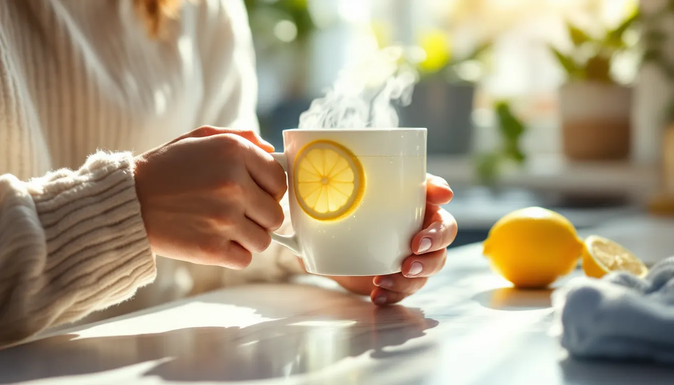 Hands holding a glass mug of warm lemon water in a sunlit kitchen.