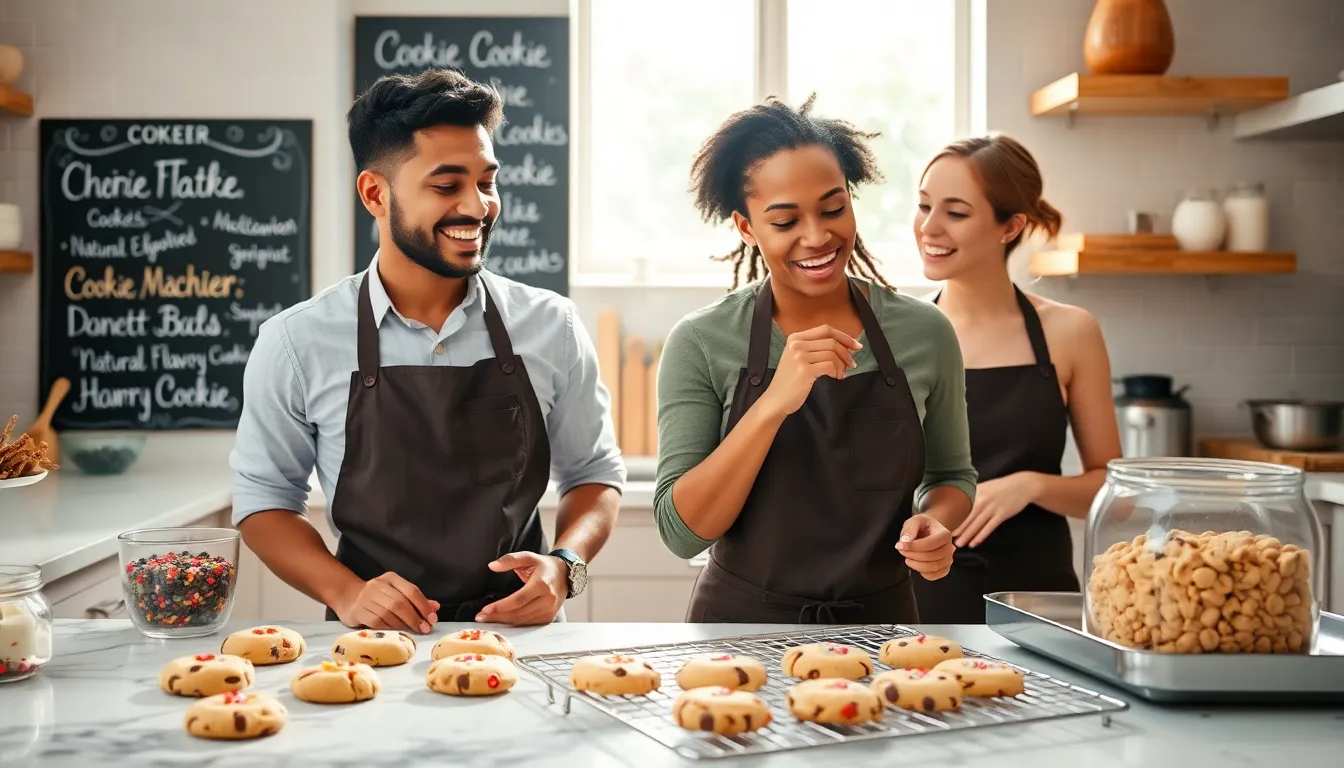 two bakers creating gourmet cookies in a bright kitchen.