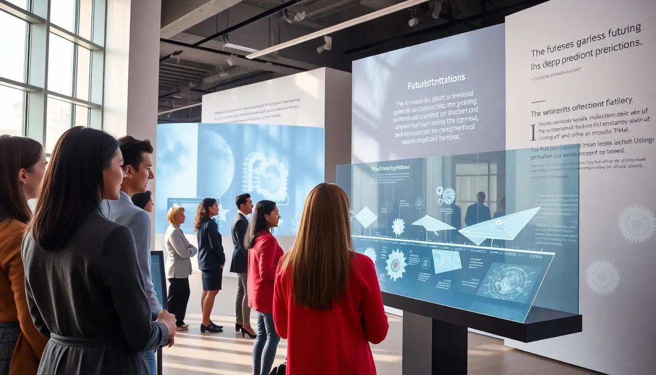 diverse group of professionals exploring historical futurist predictions.