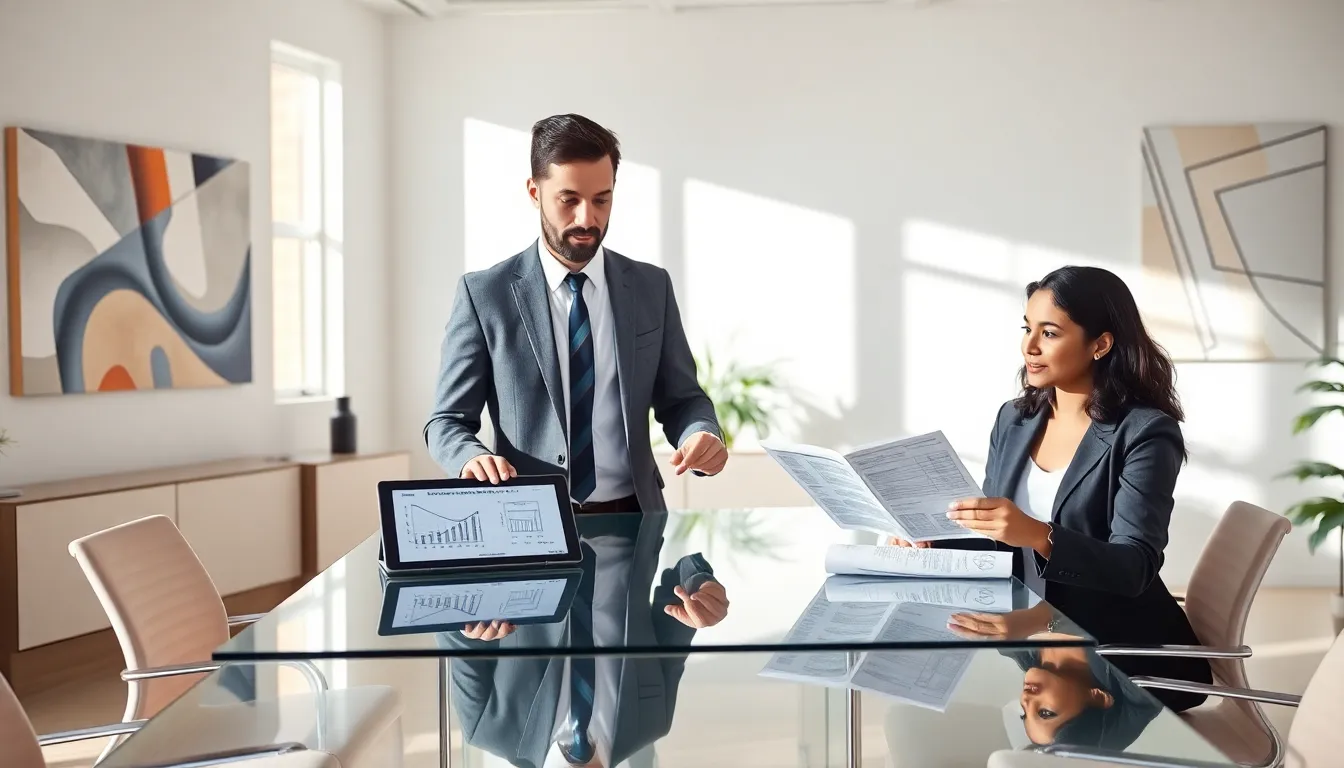 professionals discussing mathematical concepts in a modern office.