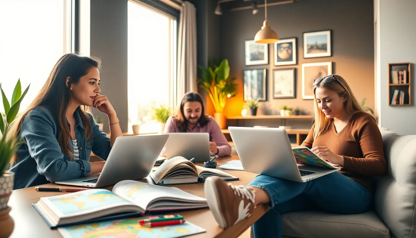 diverse group writing in online travel journals in a modern workspace.