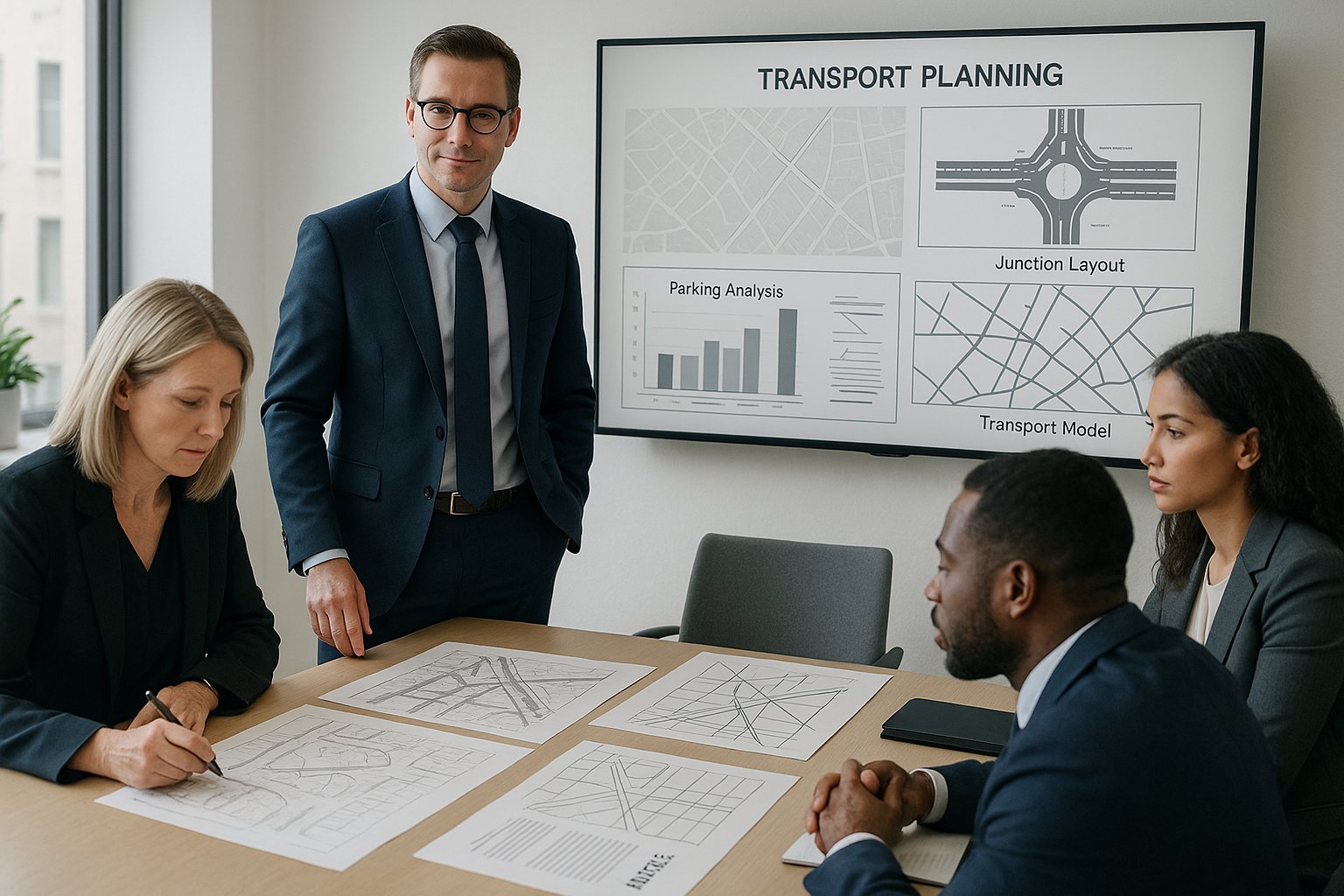 Transport planning expert reviewing traffic evidence with a professional team in an office.