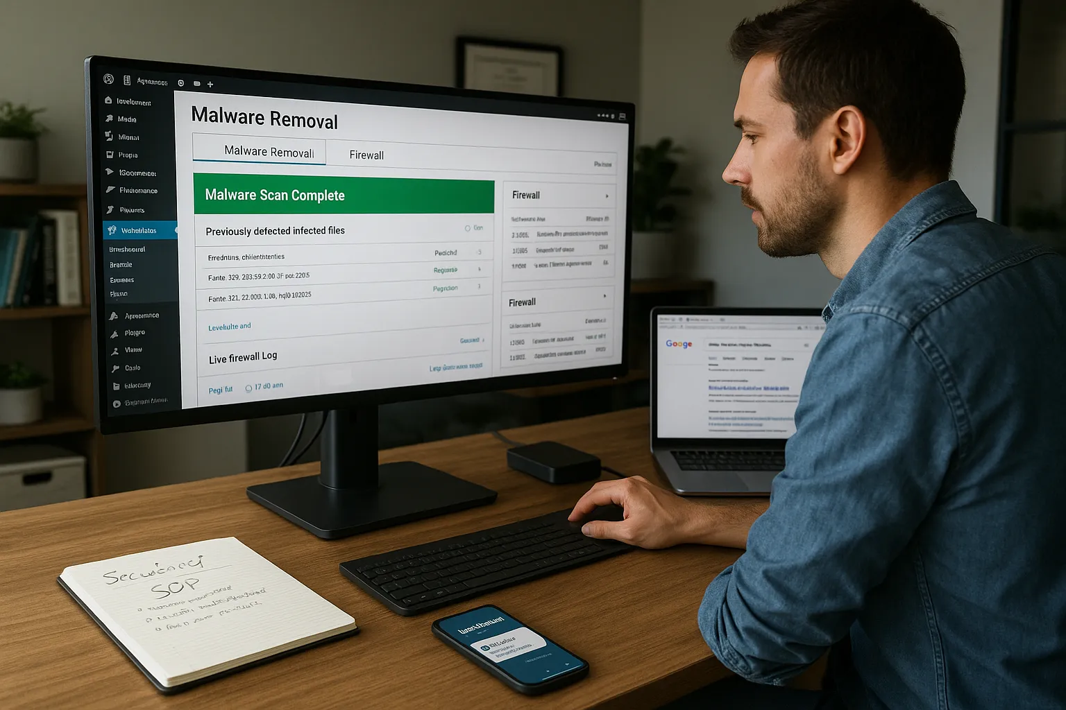 7 Best WordPress Malware Removal Options For Small Business Sites 3 IT professional using Wordfence to clean and protect a hacked WordPress site.