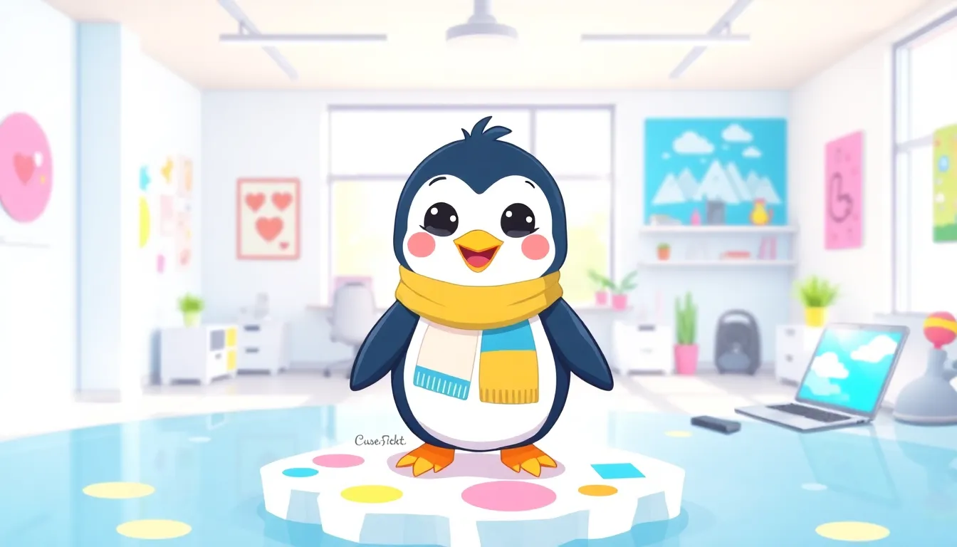 playful penguin character in a colorful creative workspace.