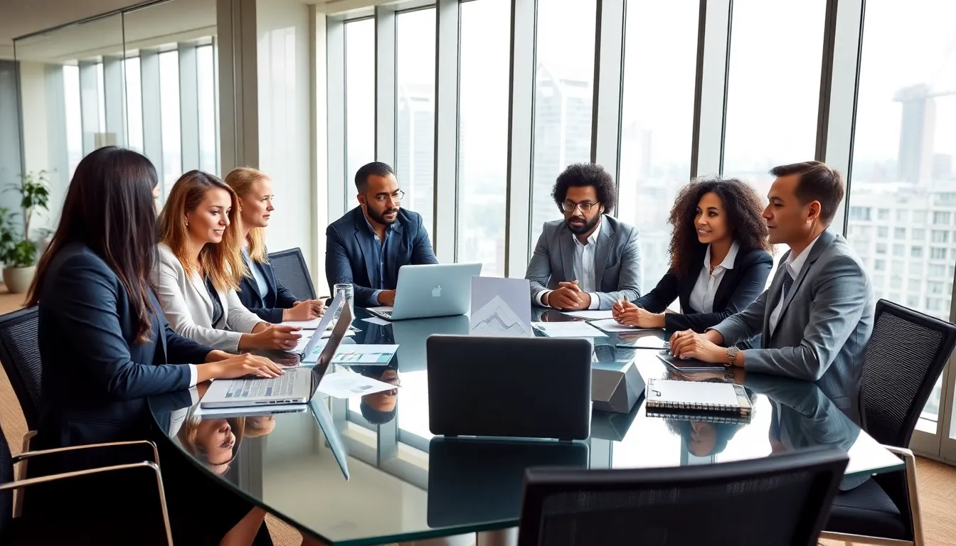 professionals discussing real estate market in a modern office.