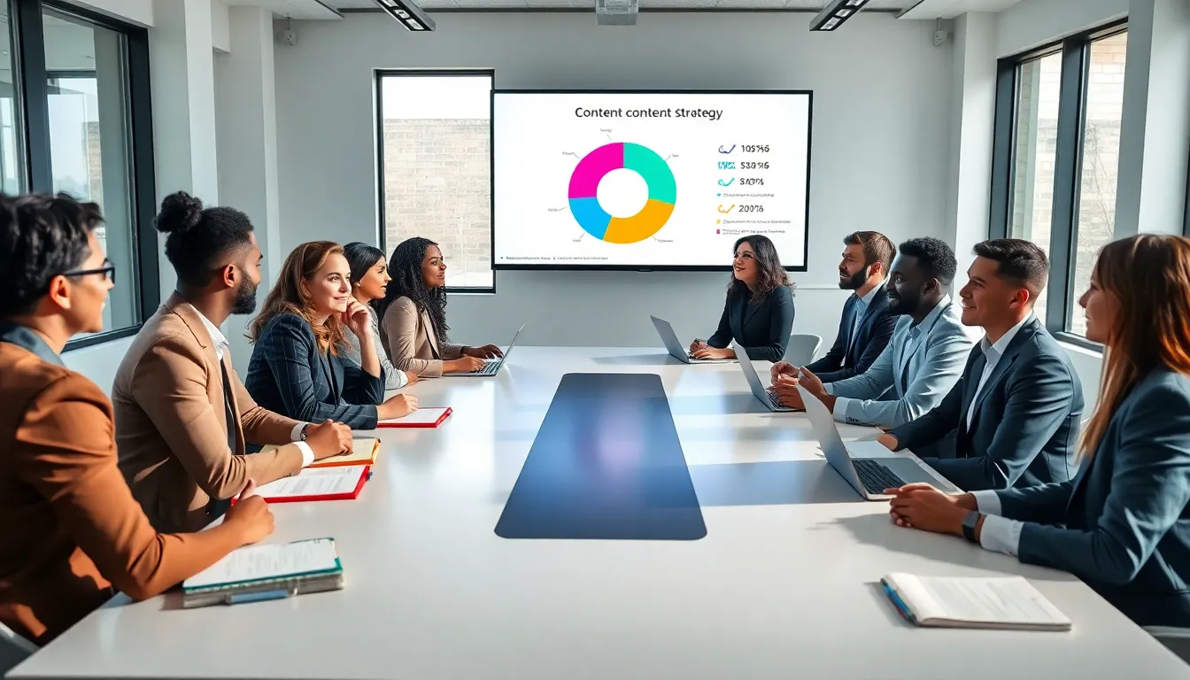 diverse professionals discussing content strategy in a modern office.