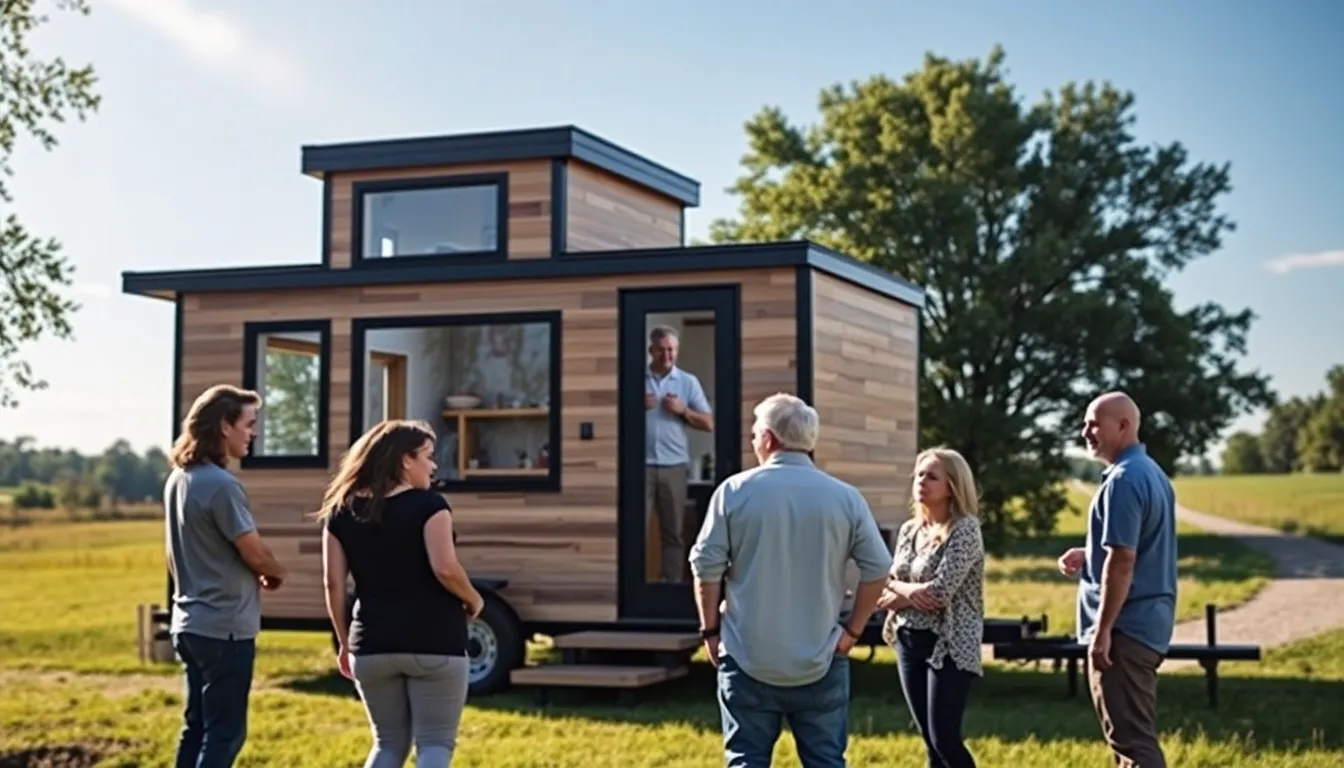 Diverse group discussing a modern tiny home in a natural setting.