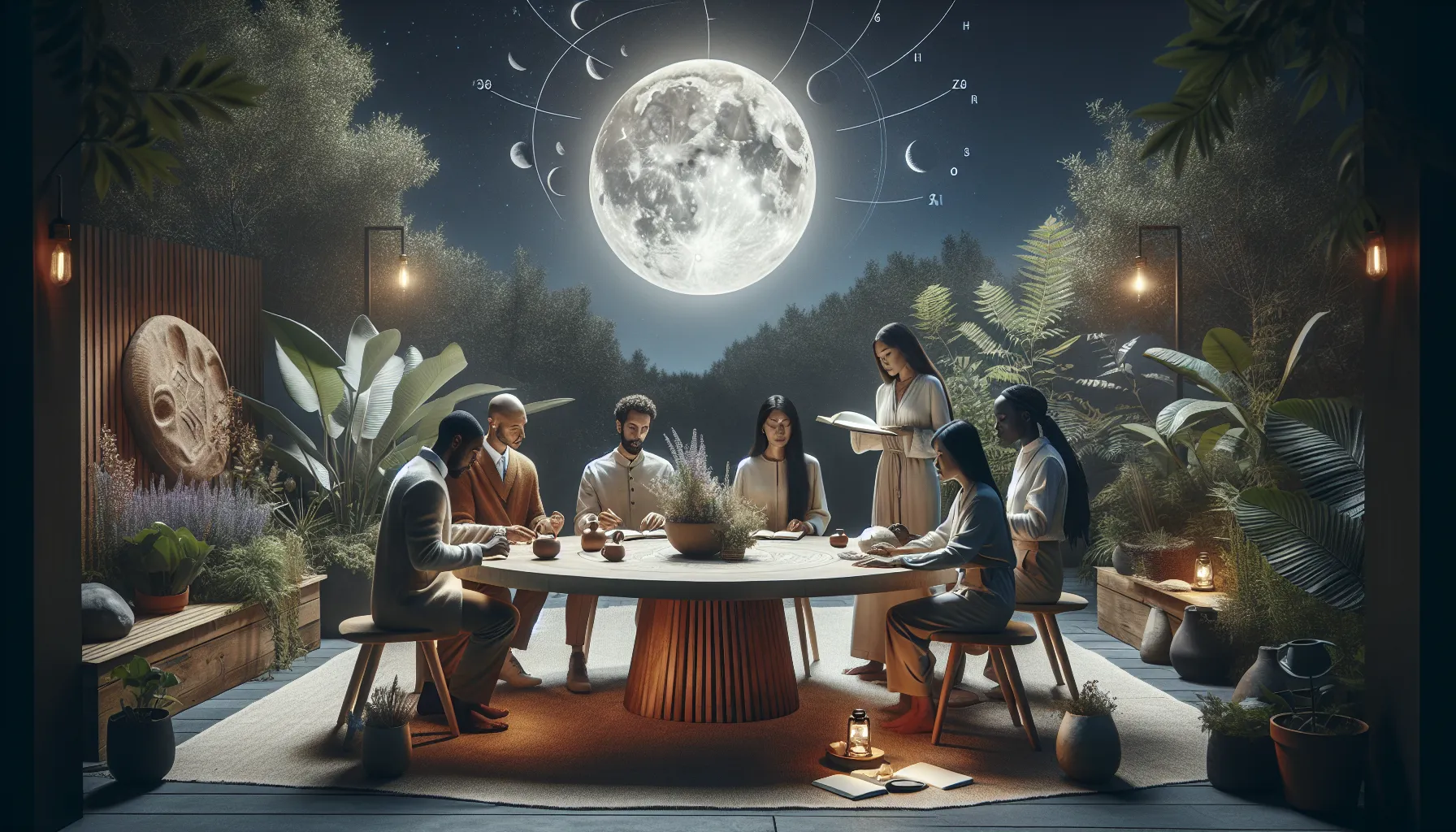 professionals engaging with nature under a full moon.