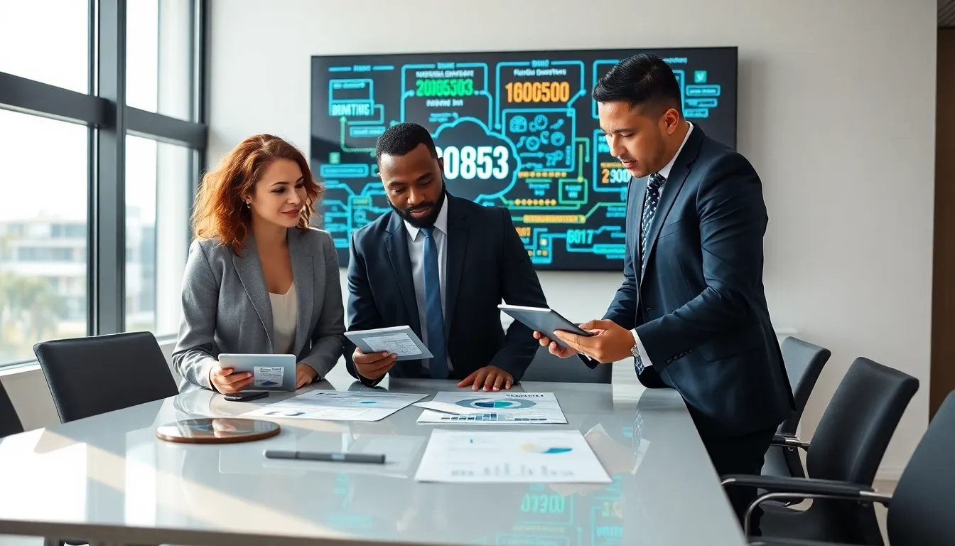 diverse business professionals analyzing data in a modern office.