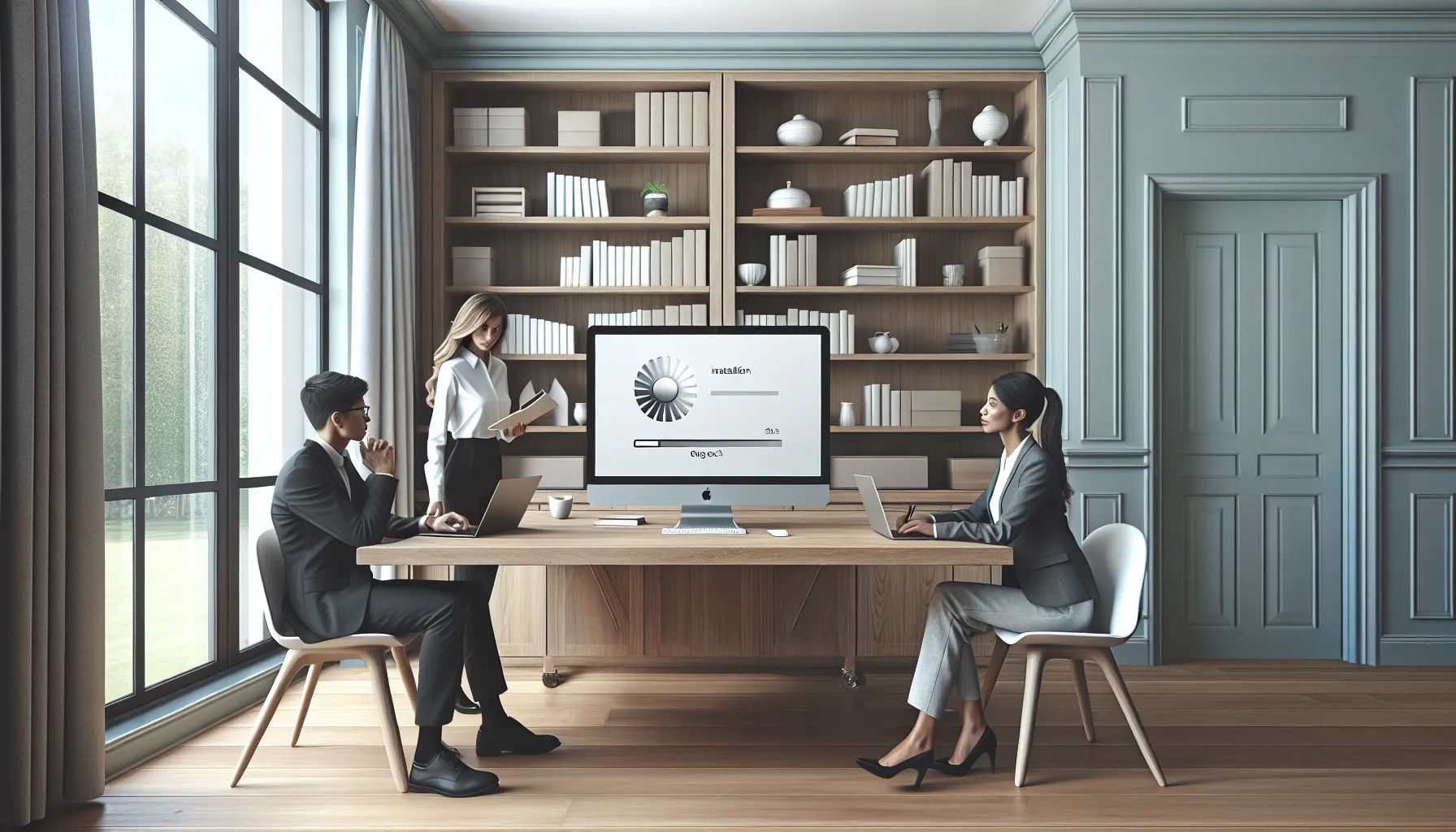 professionals troubleshooting software installation in a modern office.