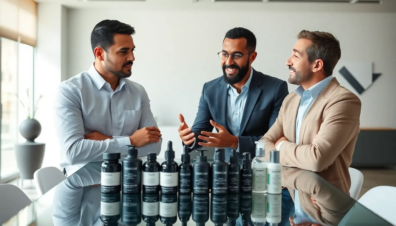 Diverse professional men discussing male skin care strategies.