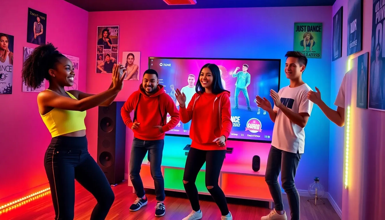 teenagers dancing together in a colorful gaming room with Just Dance 2022 on screen.