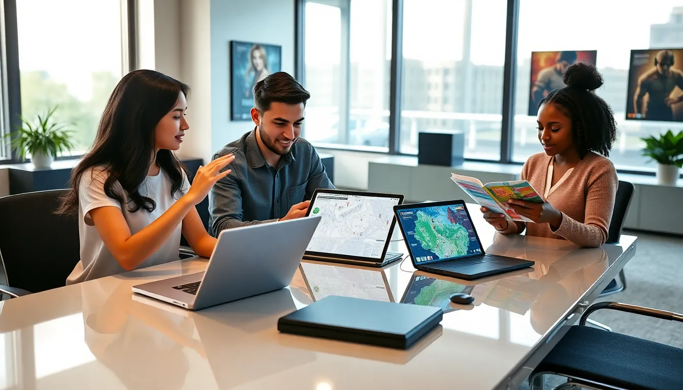 diverse gaming team strategizing around a modern table.