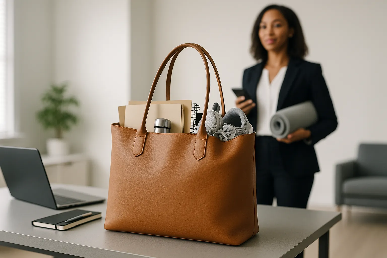 leather tote bag with work and gym essentials on a modern office desk