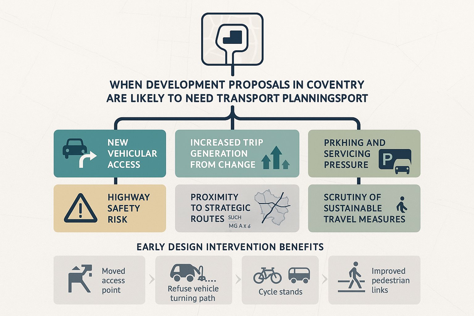 Coventry development transport planning triggers shown in a vertical decision infographic.