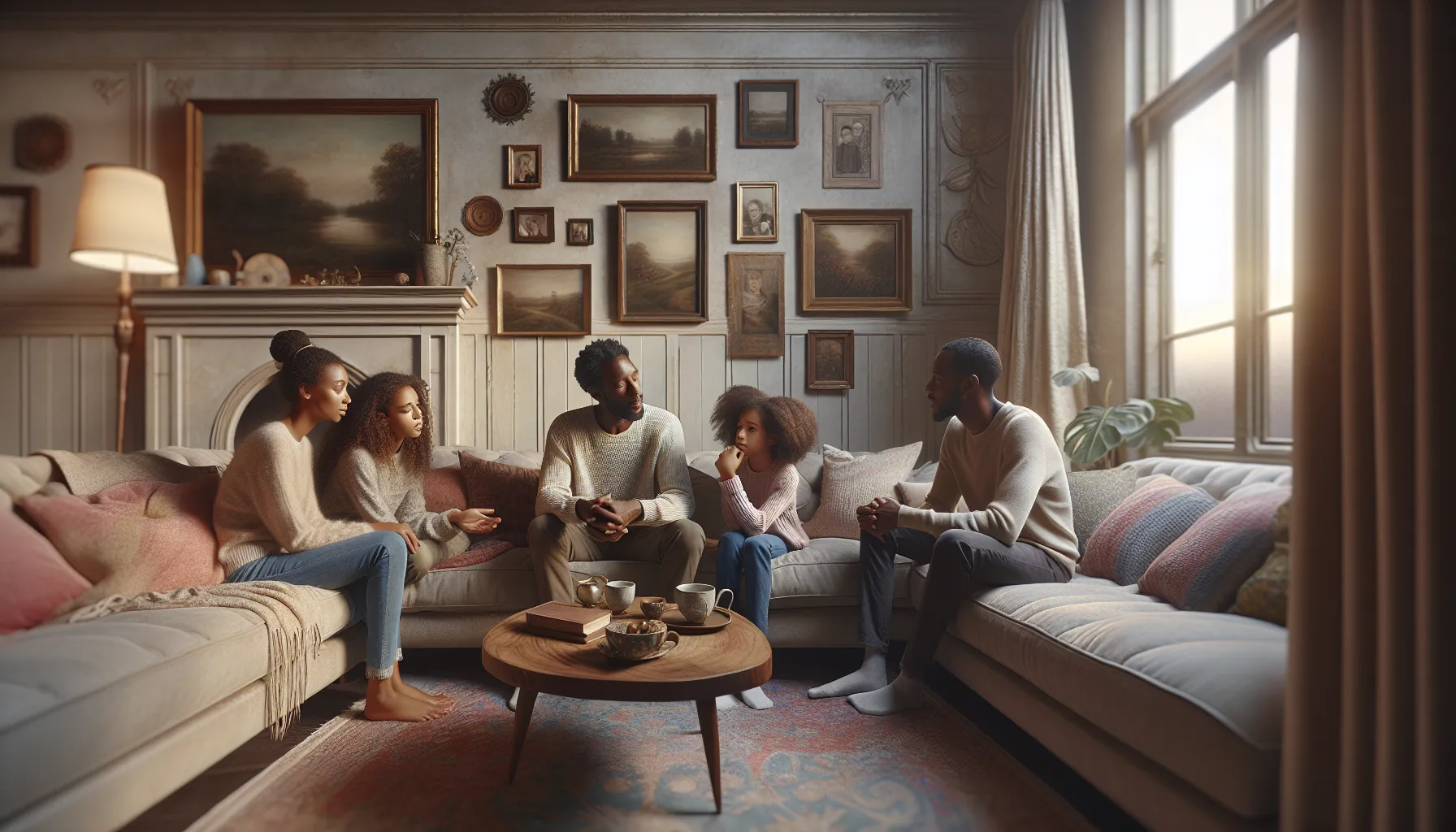 a diverse family discussing emotions in a cozy living room.