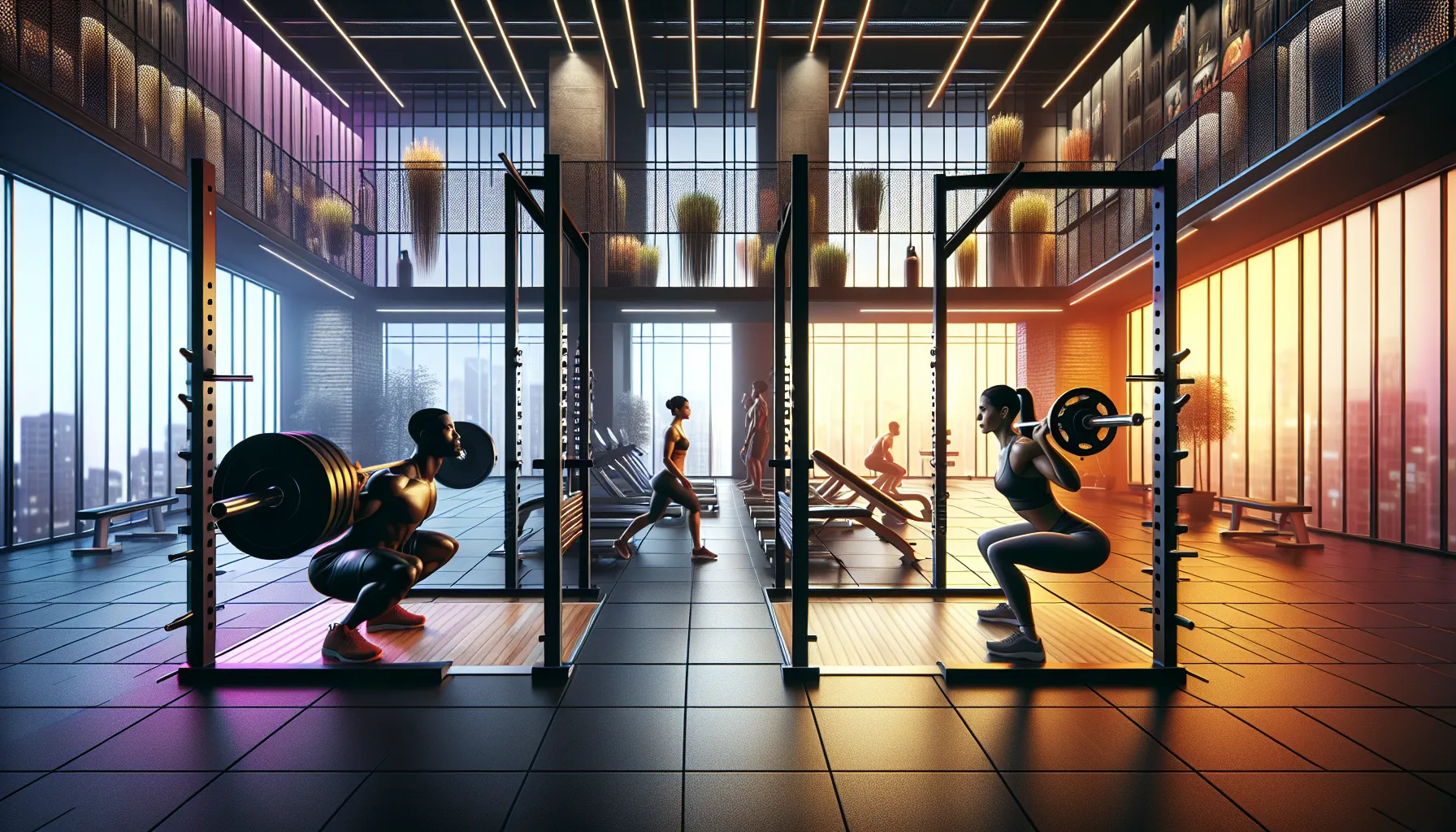 A gym showcasing barbell and Smith machine squats with individuals demonstrating correct technique.