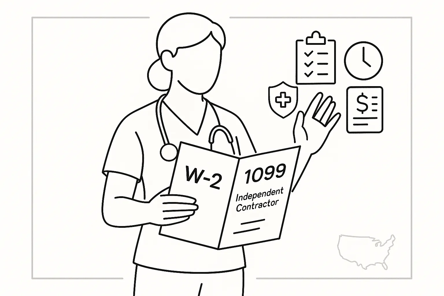 Nurse practitioner examining a contract labeled W-2 and 1099 with overlapping icons.