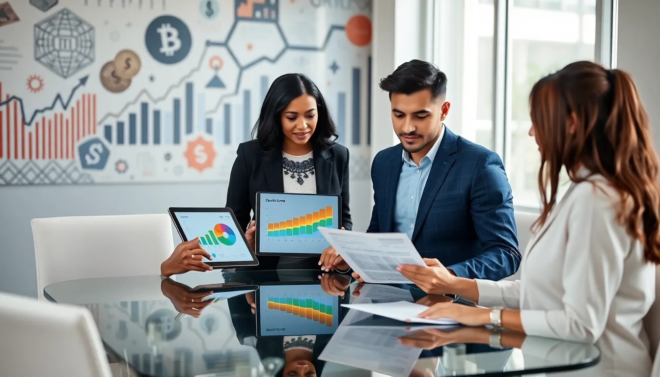 professionals discussing credit scores in a modern office.