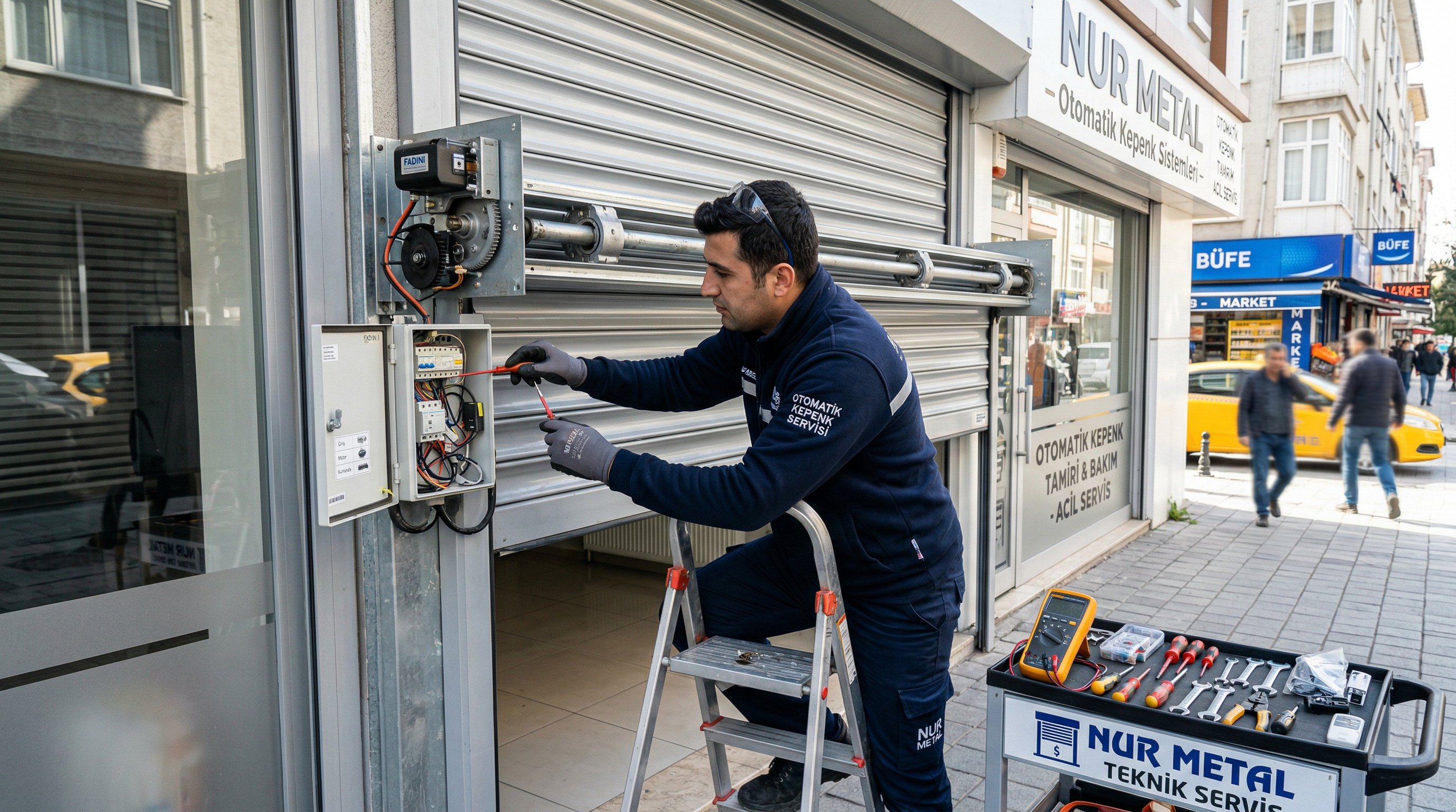 Technician repairing an automatic shop shutter at a storefront in Turkey.