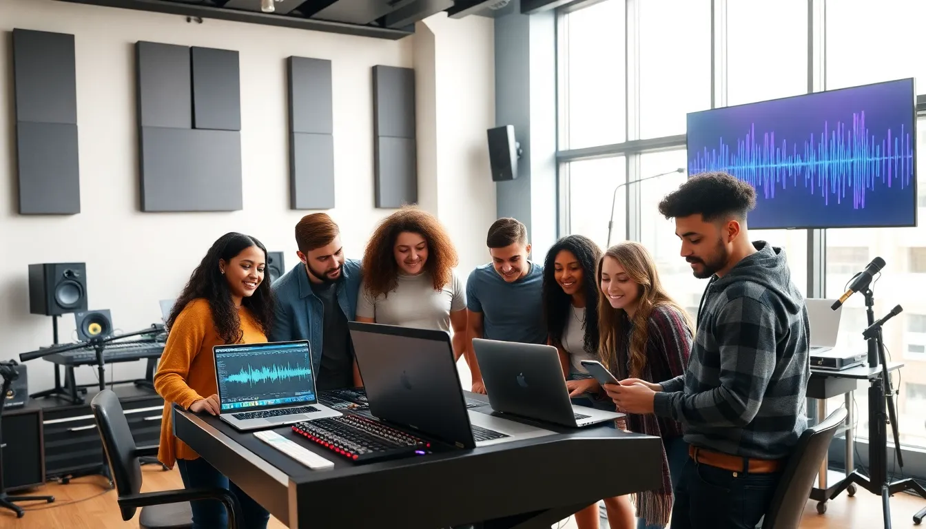 diverse group learning music production in a modern studio.