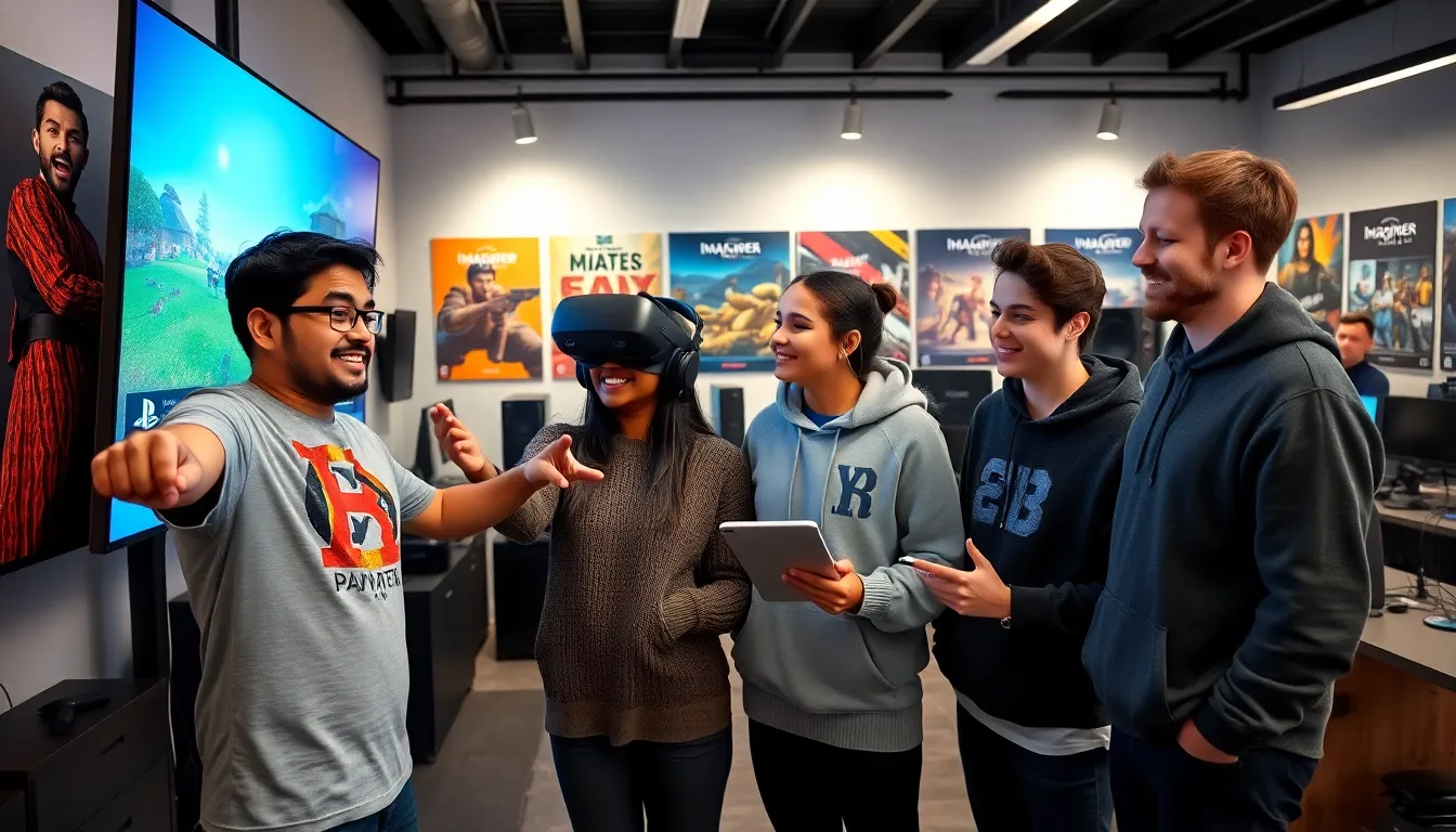 a diverse group of gamers collaborating in a dynamic gaming studio.