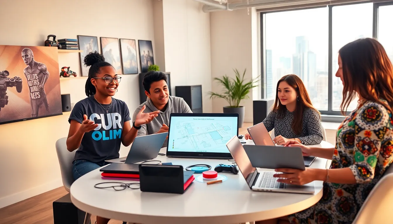 a diverse team collaborating on game development in a modern office.