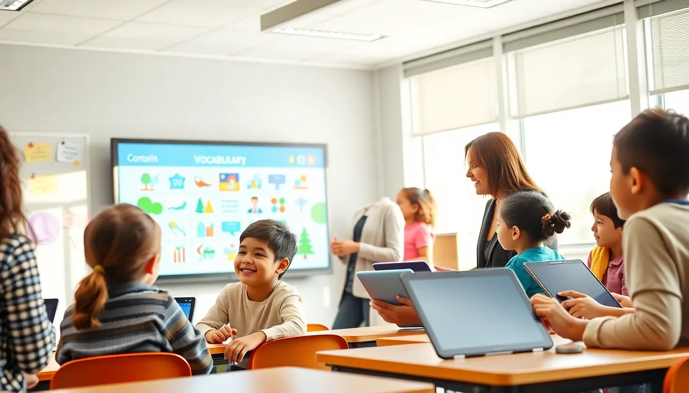 diverse children learning languages in a bright classroom.