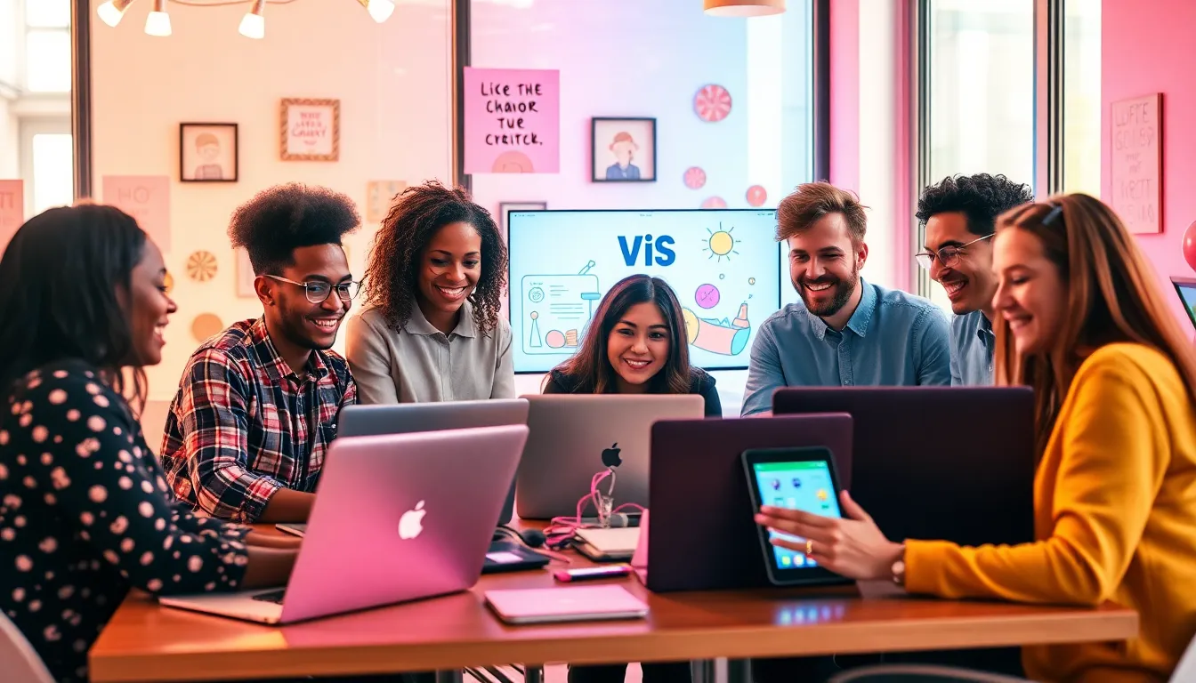 diverse team collaborating on creative projects in a modern workspace.