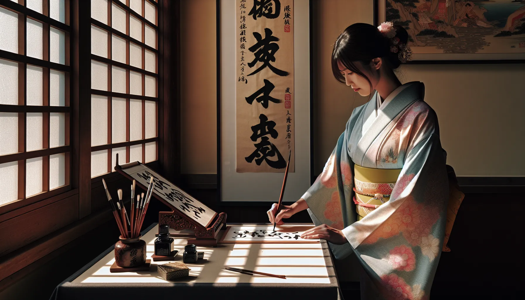 a woman in a kimono writing Japanese characters beside a Chinese idiom scroll.