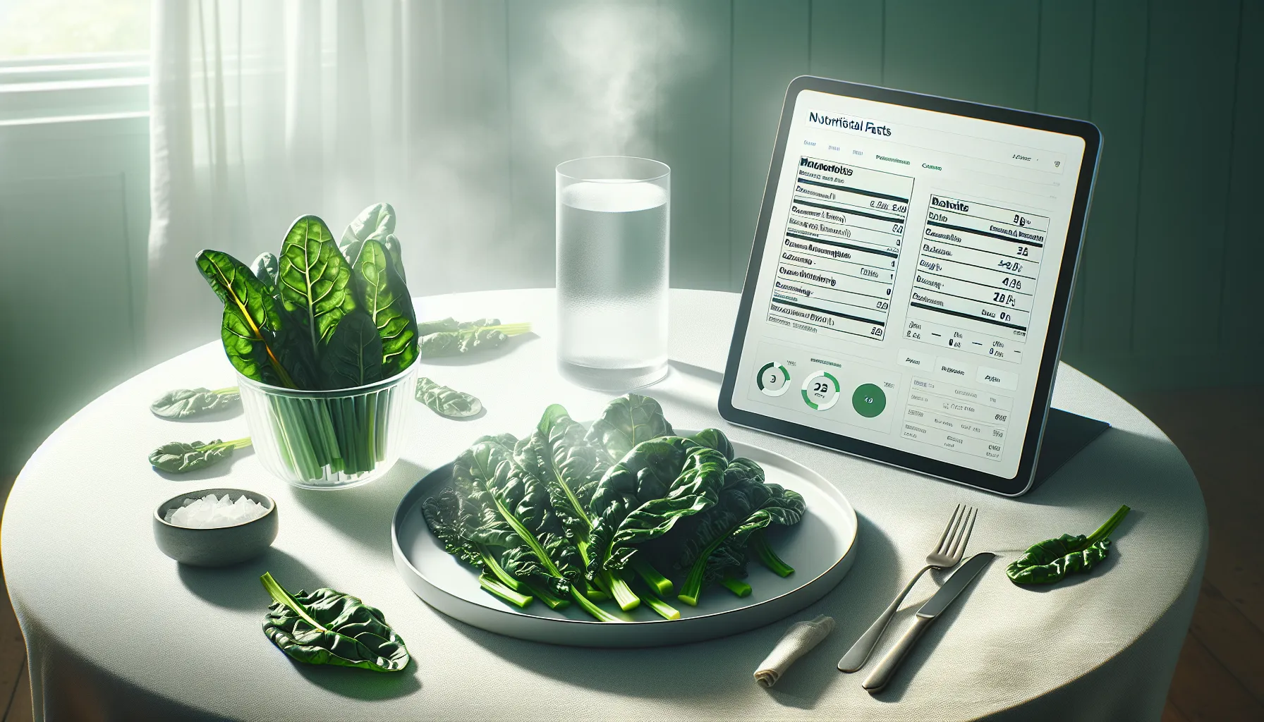 Cooked and raw blitva with a digital nutrition chart on a sleek table.